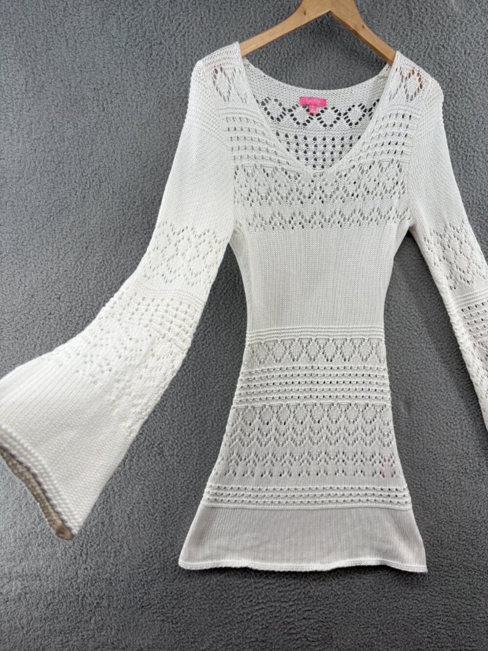 Dolls Kill Sugar Thrillz California Dreamin Crochet Mini Dress M Bell Sleeve - Picture 5 of 15